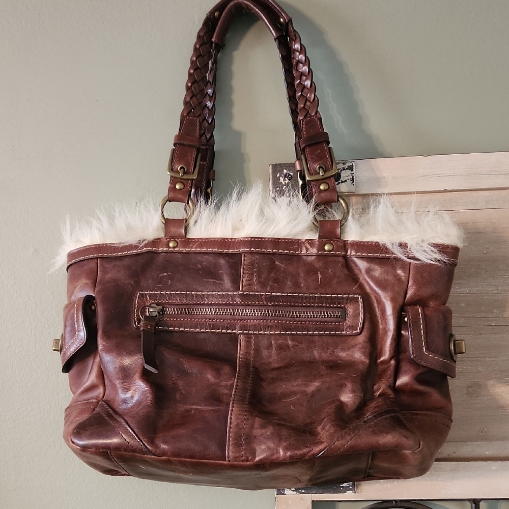 Coach Brown Leather Shoulder Bag with Faux Fur - Picture 2 of 8